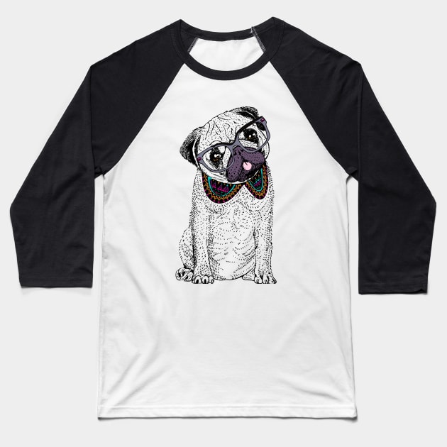 Hipster Pug Baseball T-Shirt by huebucket